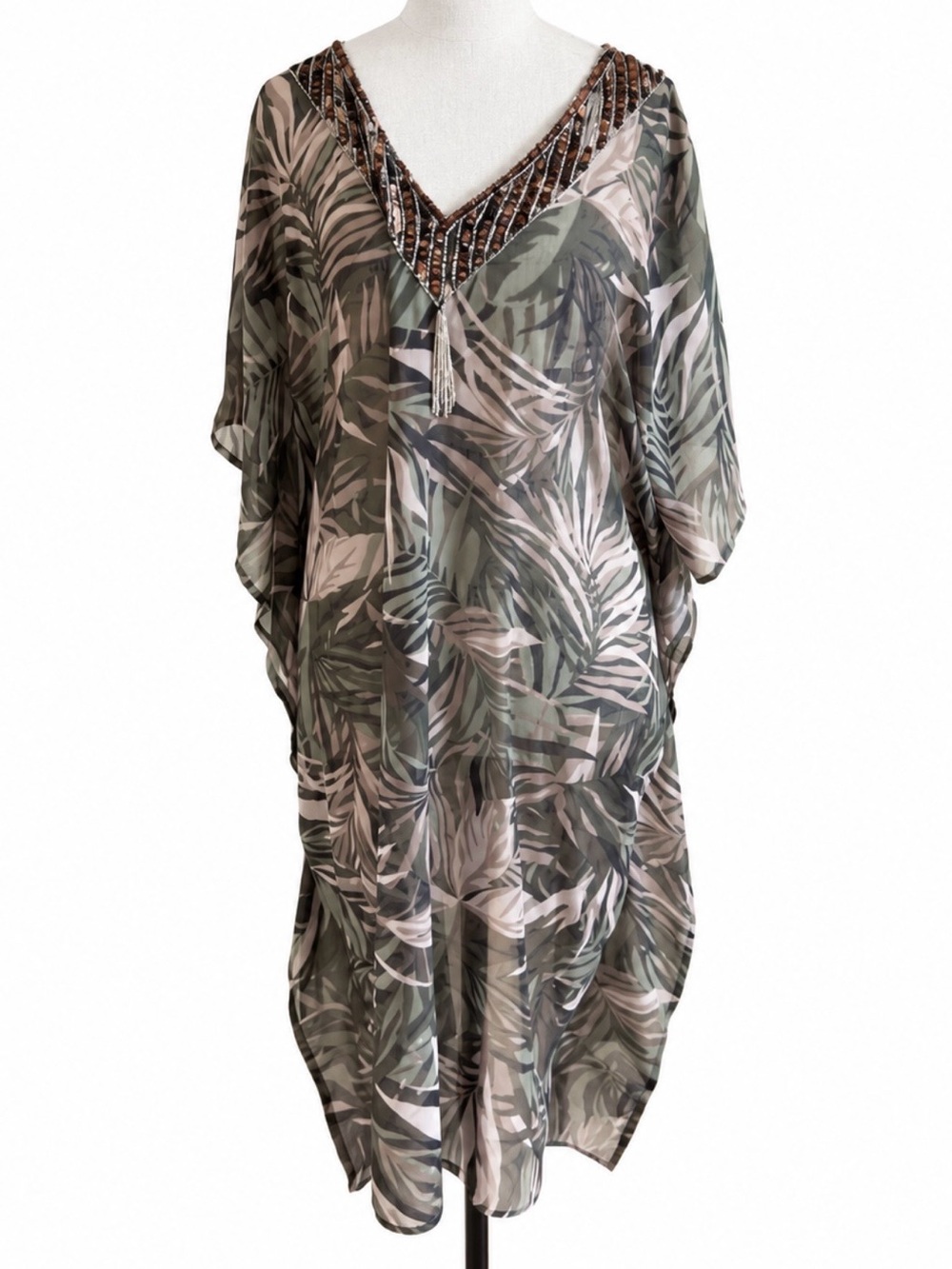 Signature Sheer Tropical Print Embellished Kaftan Swim Cover-Up One Size